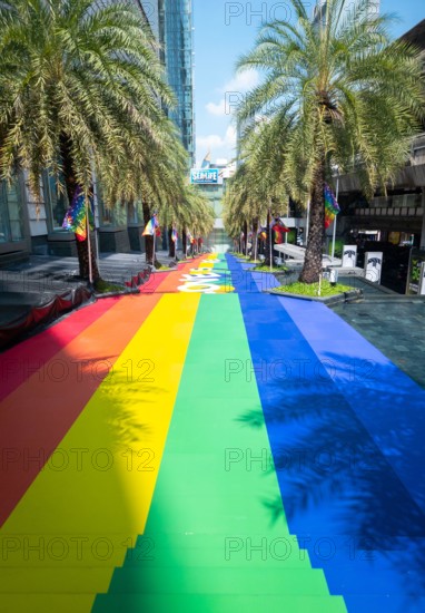 Gay rainbow flag decorated on street on LGBT pride month in Bangkok.