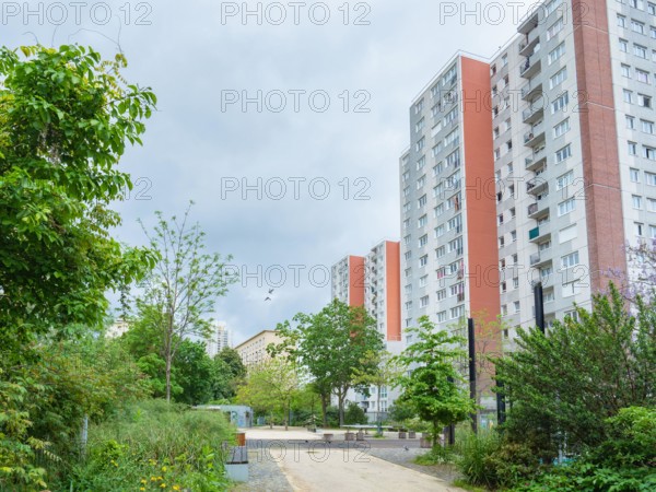 Paris, France - May 12th 2023: Green spaces between housing blocks close to Riguet