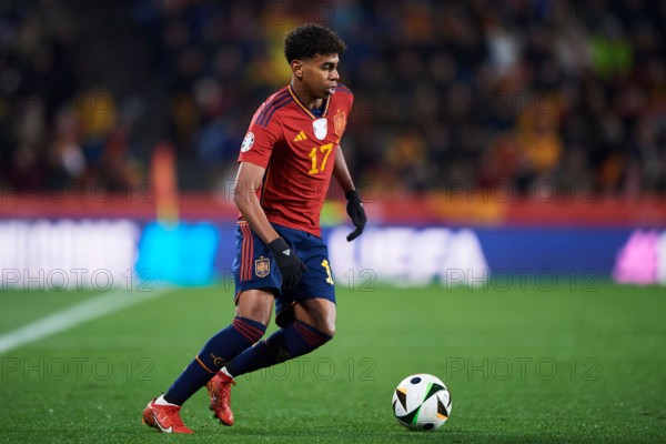 Lamine Yamal of Spain in action during the UEFA Euro 2024 Qualifying match between Spain and Georgia, Group A, date 10, played at Jose Zorilla Stadium