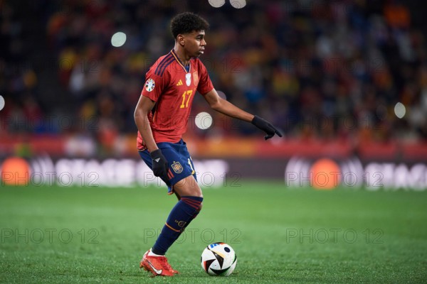 Lamine Yamal of Spain in action during the UEFA Euro 2024 Qualifying match between Spain and Georgia, Group A, date 10, played at Jose Zorilla Stadium