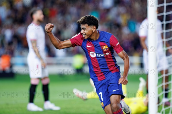 Barcelona, Spain. 29th Sep, 2023. Lamine Yamal celebrates after scoring a goal during the LaLiga EA Sports match between FC Barcelona and Sevilla FC a