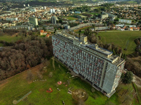 Aerial view of the Unité d'Habitation de Firminy-Vert, also known as Cité Radieuse, is a building designed by the Swiss architect Le Corbusier.France