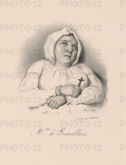 Portrait of Madame de Brinvilliers, M.ise de Brinvilliers, Print after a drawing made on the day of her execution., print maker: anonymous, after drawing by: Charles Le Brun, printer: veuve Delpech (Naudet), after drawing by: Luik, printer: Paris, in or after 1818 - in or before 1842, paper, height 273 mm × width 187 mm, print