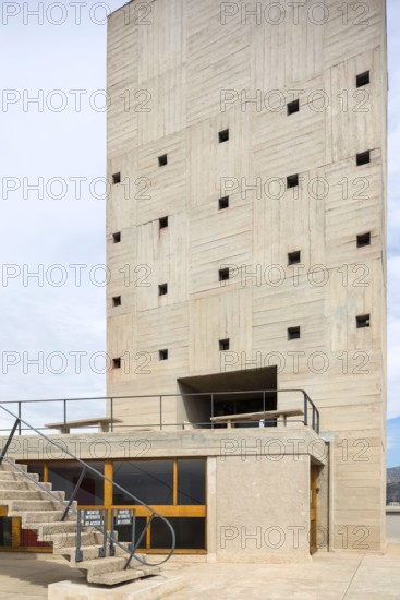 Rooftop buildings at the Unité d'Habitation (Cité Radieuse), Marseille, by Le Corbusier, 1947-52, housing block, UNESCO World Heritage Site.