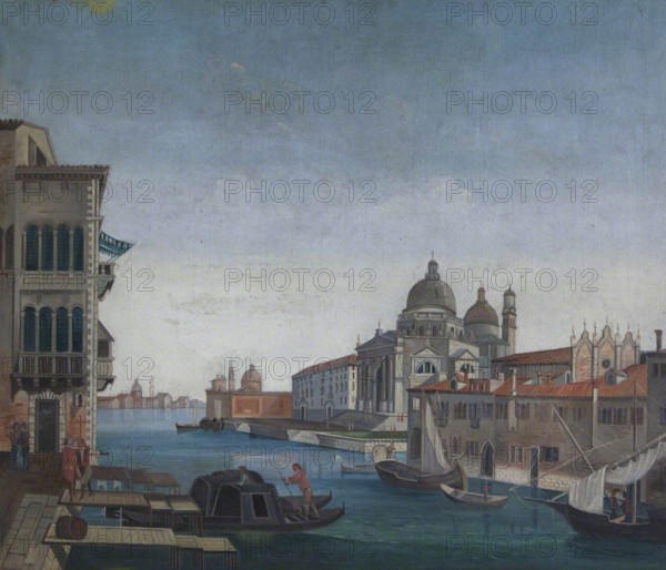 This oil painting, attributed to an imitator of Canaletto, depicts the iconic entrance to the Grand Canal in Venice, with the Santa Maria della Salute church prominently featured. The work, dating from the 19th century, captures Venice's architectural grandeur and the bustling waterways that define its cityscape.
