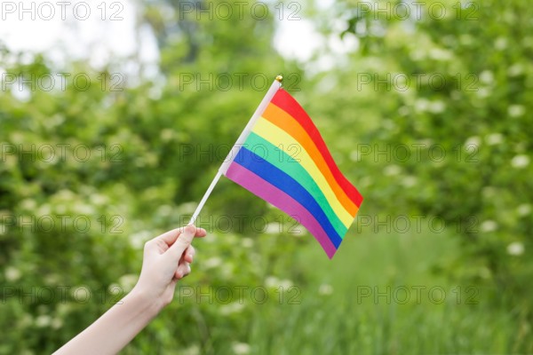 Teenager Holds Rainbow Flag LGBT in his Hands on Nature Background. Pride Month. Lesbian Gay Bisexual Transgender. Love, human rights, tolerance