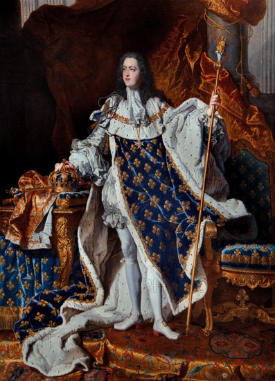 King Roi Louis XV 1710-74 in Coronation Robes 1742  Rigaud Hyacinthe 1659-1743 France French Louvre Museum Paris France, ( Louis XV was the King of France from 1715 to 1774, reigning from the age of five under a regency until his majority in 1723, and later under the influence of his chief minister, Cardinal Fleury.  )