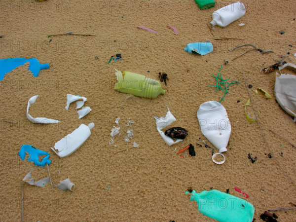 trash rubbish in sand at the beach of Atlantic ocean in France