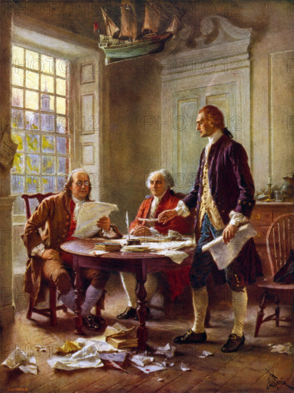 Painting by Jean Leon Gerome Ferris showing the Founding Fathers drafting the US Declaration of Independence in 1776.