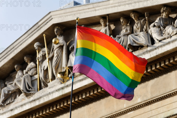 Gay pride rainbow flag. LBGT History Month prelaunch at The British Museum. London. UK 2009.