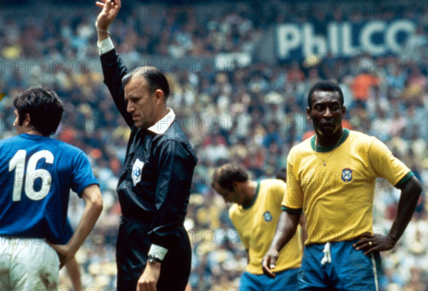 World Cup Final match at the Azteca Stadium in Mexico City Brazil 4 v Italy 1 Brazilian star Pele awarded a free kick by the referee June 1970