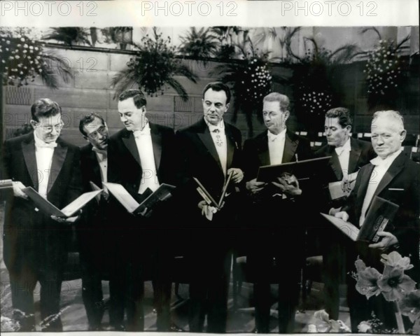 Dec. 12, 1965 - Presentation of Nobel Prizes in Stockholm: King Gustav of Sweden presented Nobel prizes to winner, in a ceremony in the Stockholm concert hall of Friday, Dec. 10th. Photo shows Nobel Prize winners after the presentation in Stockholm. (L to R) Prof. R. B. Woodward (U.S.A.), (chemistry); Prof. Julian Schwinger (U.S.A.), (physics); Prof. Francois Jacob, Prof. Andre Lwoff, and Jacques Monod (France), (Medicine) and Mr. Mikhail Sholokhov, the Russian author (Literature)
