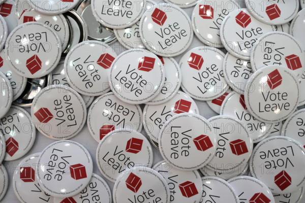 Newcastle Upon Tyne, TYNE AND WEAR/UK - APRIL 16th 2016 - Vote Leave badges at a speech by Mayor of London Boris Johnson.