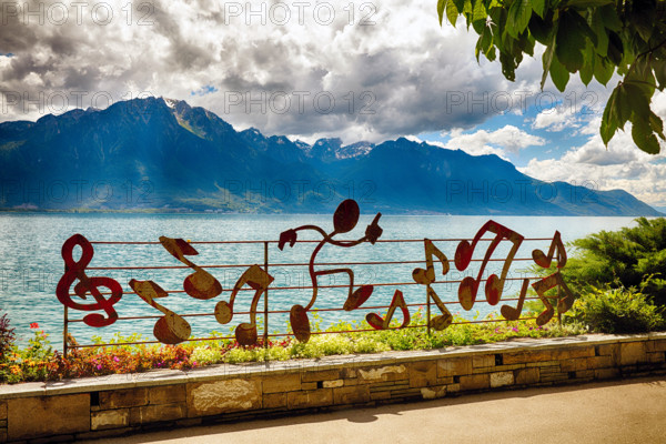Lakeshore Walkway along Lake Geneva with Musical Notes Fence, Montreux, Vaud Canton, Switzerland