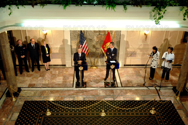 U.S. Secretary of Defense addresses media at Villa Gorica, Montenegro, on September 26, 2006, recognizing Montenegro's independence and supporting its integration with European institutions.