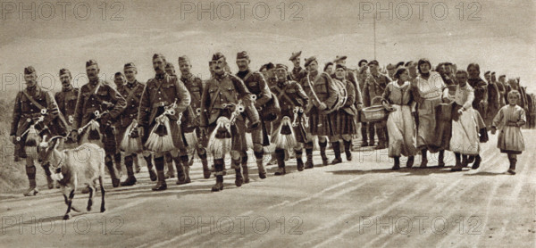 Canadian Highlanders, pipers & regimental goat mascot, WW1