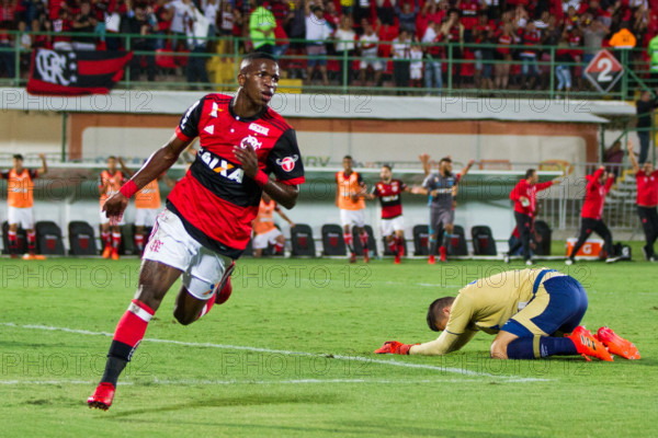 Rio De Janeiro, Brazil. 08th Nov, 2017. Player Vinícius Júnior do Flamengo celebrating the goal during the match between Flamengo and Cruzeiro held at the Estádio Luso Brasileiro (Ilha do Urubú) in Rio de Janeiro. The match is valid for the 33rd round of the Brasileirão 2017. Credit: Rodrigo Chadí/FotoArena/Alamy Live News