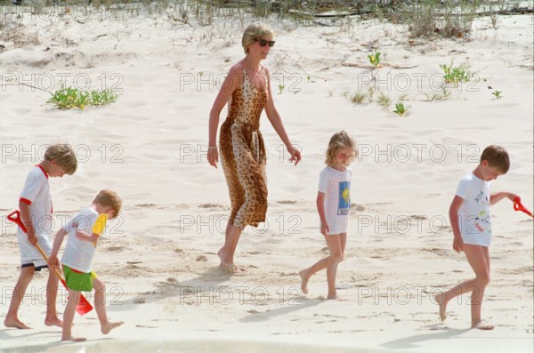HRH Princess Diana, The Princess of Wales and her children Prince William and Prince Harry, on holiday  on Necker Island, owned by Richard Branson.The Caribbean, British Virgin Islands.  Pictured here relaxing with her mother Frances Shand Kidd.  Picture taken circa 11th April 1990