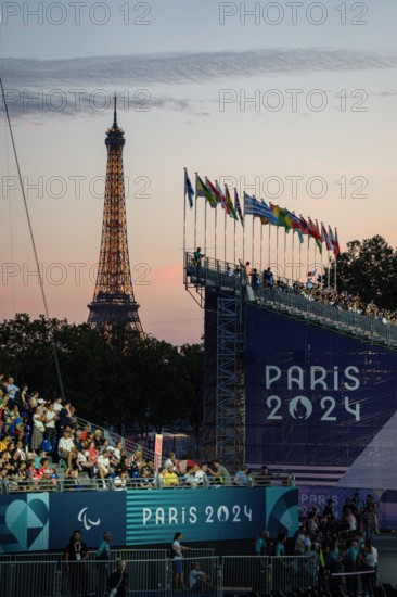 The Eiffel Tower in the background of the Opening Ceremony for the Paris Paralympics 2024, Wednesday, August 28, 2024, at the Place de la Concorde, in