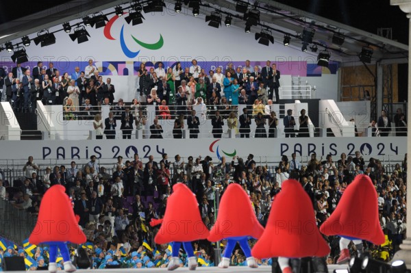 Performers dressed as the ‘Les Phryges’ mascot on stage during the opening Ceremony of the Paris 2024 Paralympic Games, at Place de la Concorde.  Para athletes from 168 delegations paraded around the largest square in Paris, which was transformed for one evening only into a magnificent open-air arena.  At the end of the ceremony, there were fireworks and the Paris 2024 Cauldron was lit once again returning to the skies over Paris.