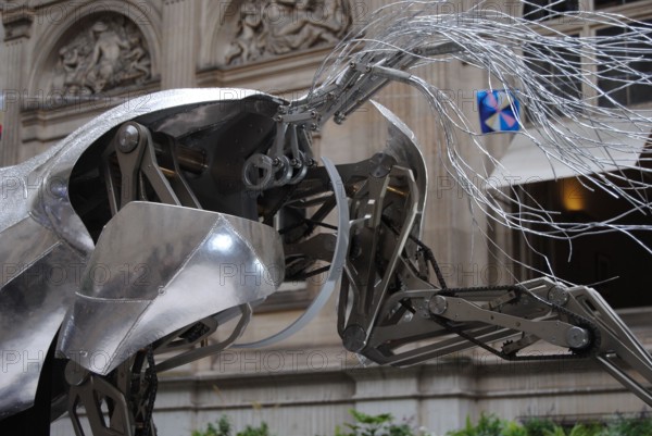Paris, France - September 03 2024: "Zeus," the metal horse from the Paris 2024 Olympics Opening Ceremony, exhibited at the Hôtel de Ville.