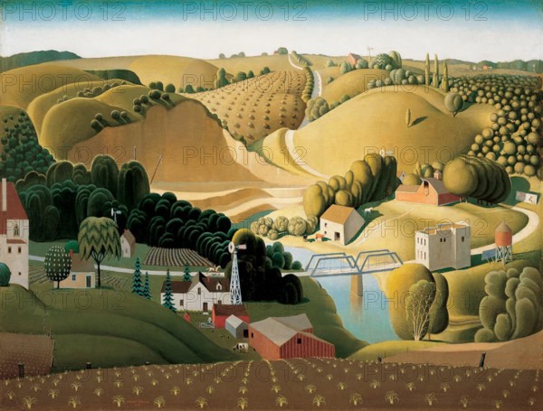 Painting of Stone City, Iowa, created in 1930 by American artist Grant Wood, depicting a rural landscape with stylized hills and buildings.