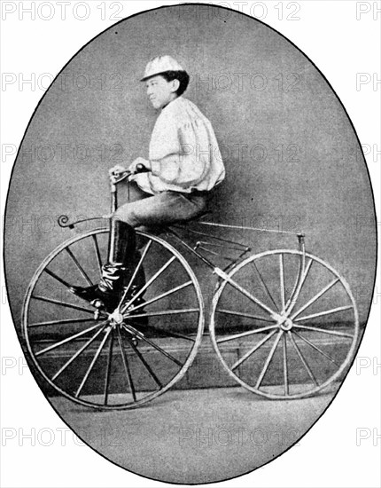 Henri Michaux demonstrating the pedal velocipede in 1869