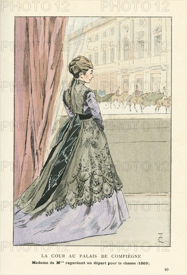 La cour au palais de Compiègne, Madame de M*** regardant un départ pour la chasse, 1869