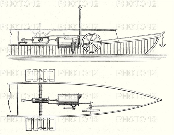 Mécanisme moteur du bateau à roues du marquis de Jouffroy (coupe et élévation)