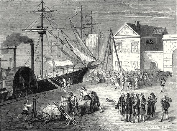 Fulton monte sur son bateau à vapeur, le 'Clermont', à New-York, pour son premier voyage, le 11 avril 1807