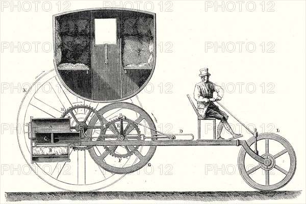 Voiture à vapeur marchant sur les routes ordinaires, construite en 1801, par Trevithick et Vivian (Coupe de l'appareil donnée par une gravure anglaise)
