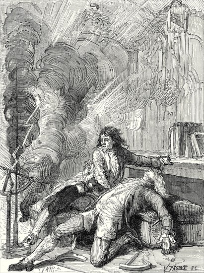 Le physicien Richmann foudroyé dans son cabinet de physique , à Saint-Pétersbourg, par l'électricité d'un nuage orageux, le 6 août 1753