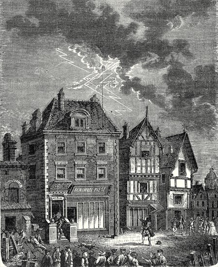 Le premier paratonnerre établi par Franklin à Philadelphie, sur la maison de Benjamin West, est frappé par le feu du ciel