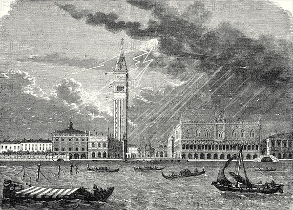 La tour Saint-Marc, à Venise, frappée et endommagée par le feu du ciel, le 23 avril 1745