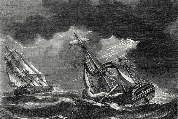 The ship of Captain Cook is spared thanks to his lightning rod, while a Dutch ship is almost struck by lightning