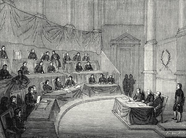 Alexandre Volta lit devant l'Académie des sciences, son mémoire sur la pile, 
en présence du premier consul Bonaparte (18 novembre 1800)