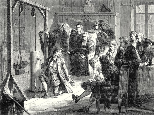 Papin conducts an experiment with his powder machine in front of the professors of the University of Marburg