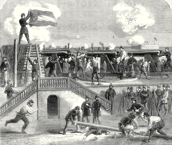 The American Civil War: Scene At Fort Moultrie During The Bombardment Of Charleston, 6 June, 1863

One of the most gallant feats in the bombardment of Fort Charleston. The action was at its height when a ball cut the flagstaff in two just above the traverse; and as it fell it struck a poor fellow on the back of the head, killing him on the spot. The quartermaster of the battalion in the fort immediately sprang forward, and seizing the fallen flag tore it from its hold and leapt on to the traverse, where he stood under the heavy fire immovable, until a jurymast was rigged and raised in the place of the shattered staff. The soldiers in the foreground are removing the broken staff from the body of the poor fellow, who lies beneath it, and who was the only man killed by the Federal fire.