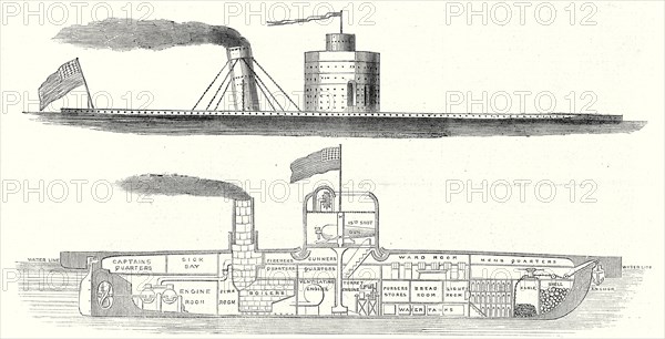 The Civil War In America, The U.S. Gun-Boat Weehawken, one of the nine ironclads engaged in the bombardment of Charleston, 2 May, 1863

This vessel shows only about sixteen inches above water. Her tower revolves by means of a small engine, and its weight rests on the central shaft, the lower portion of which bears on the keelsons. During action all apertures are shut, ventilation being kept up by two fans, which draw in air from the top of the tower, and the boiler-furnace carries out all foul air. In case of the enemy boarding, the guns may be brought to bear on deck, and hand-grenades thrown from the top of the turret. In the engagement at Charleston the Weehawken acted as pioneer, having attached to her bow an Ericsson raft, intended to lift or explode submarine torpedoes. During the night following the bombardment she lost her raft, which was washed ashore on Morris Island, and taken possession of by the enemy.