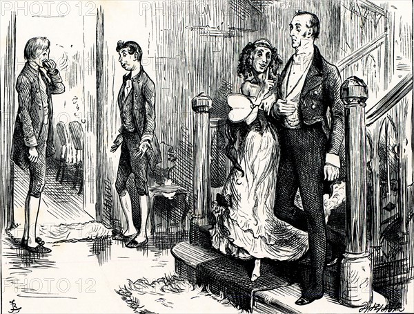 Charles Dickens, Dombey and Son. " ONE OF THE VERY TALL YOUNG MEN ON HIRE, WHOSE ORGAN OF 'VENERATION WAS IMPERFECTLY DEVELOPED, THRUSTING HIS TONGUE INTO HIS CHEEK, FOR THE ENTERTAINMENT OF THE OTHER VERY TALL YOUNG MAN ON HIRE, AS THE COUPLE TURNED INTO THE DINING-ROOM."