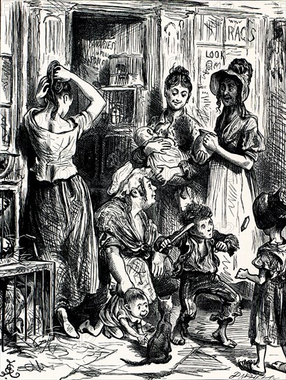 Charles Dickens, Sketches by Boz, NOW, ANYBODY WHO PASSED THROUGH THE DIALS ON A HOT SUMMER'S EVENING, AND SAW THE DIFFERENT WOMEN OF THE HOUSE GOSSIPING ON THE STEPS, WOULD BE APT TO THINK THAT ALL  HARMONY AMONG THEM, AND THAT A MORE PRIMITIVE SET OF PEOPLE THAN THE NATIVE DIALLERS COULD NOT BE IMAGINED."