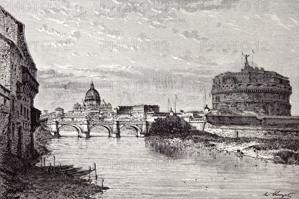 Rome Italy 1875, Mole of Adrian, banks of the Tiber between Ripetta and the Bridge od St. Angelo