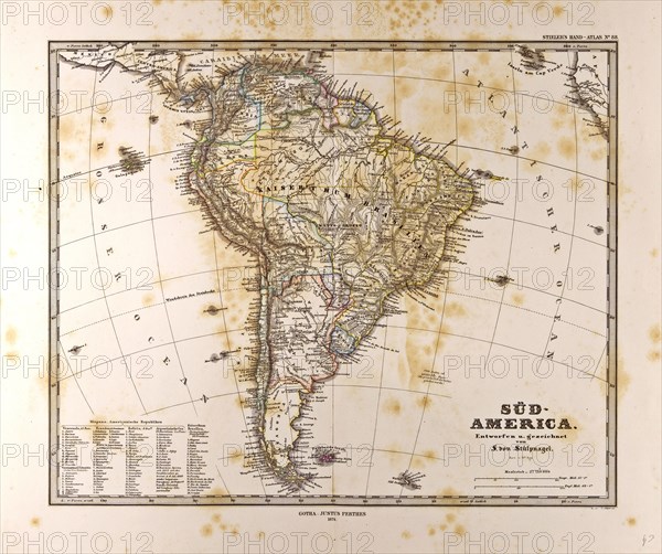 Map South America, Gotha, Justus Perthes, 1872, Atlas. Perthes, Johan Georg Justus 1749 Ã¢â‚¬â€ú 1816, German publisher, was born in Rudolstadt in 1749. In 1785 he founded at Gotha the business which bears his name, Justus Perthes. In this he was joined in 1814 by his son Wilhelm, 1793 Ã¢â‚¬â€ú 1853. He laid the foundation of the Geographical Branch of the business, for which it is chiefly famous, by publishing the and-Atlas (1817-1823) of Adolf Stieler (1775-1836). Wilhelm Perthes engaged the collaboration of the most eminent German geographers of the time, including Heinrich  Berghaus, Christian Gottlieb Reichard, Karl Spruler and Emil von Sydow. The business passed to his son Bernard Wilhelm Perthes (1821-1857). In 1863 the firm first issued the Almanach de Gotha, a statistical, Historical and genealogical Annual (in French) of the various countries of the world.