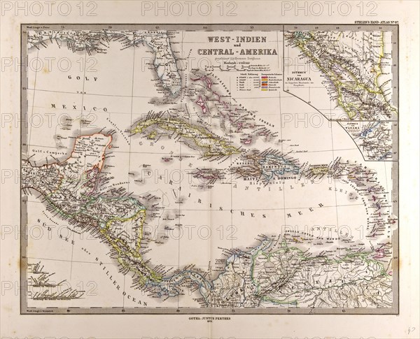 Map West Indies and Central America, Gotha, Justus Perthes, 1872, Atlas. Perthes, Johan Georg Justus 1749 Ã¢â‚¬â€ú 1816, German publisher, was born in Rudolstadt in 1749. In 1785 he founded at Gotha the business which bears his name, Justus Perthes. In this he was joined in 1814 by his son Wilhelm, 1793 Ã¢â‚¬â€ú 1853. He laid the foundation of the Geographical Branch of the business, for which it is chiefly famous, by publishing the and-Atlas (1817-1823) of Adolf Stieler (1775-1836). Wilhelm Perthes engaged the collaboration of the most eminent German geographers of the time, including Heinrich  Berghaus, Christian Gottlieb Reichard, Karl Spruler and Emil von Sydow. The business passed to his son Bernard Wilhelm Perthes (1821-1857). In 1863 the firm first issued the Almanach de Gotha, a statistical, Historical and genealogical Annual (in French) of the various countries of the world.