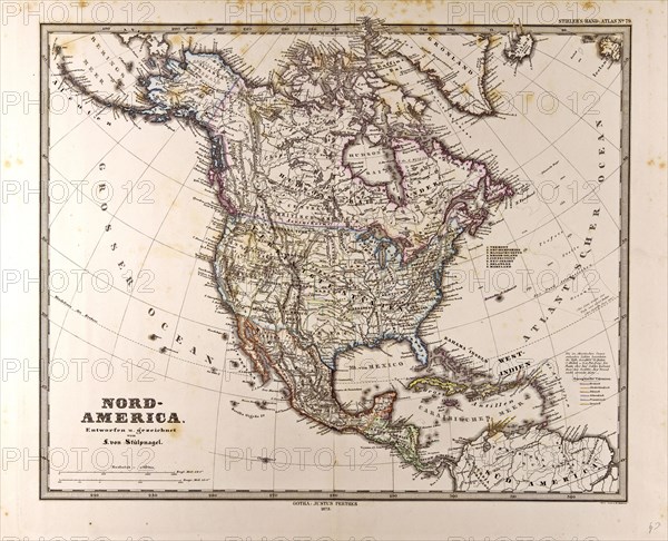 Map North America Gotha, Justus Perthes, 1872, Atlas. Perthes, Johan Georg Justus 1749 Ã¢â‚¬â€ú 1816, German publisher, was born in Rudolstadt in 1749. In 1785 he founded at Gotha the business which bears his name, Justus Perthes. In this he was joined in 1814 by his son Wilhelm, 1793 Ã¢â‚¬â€ú 1853. He laid the foundation of the Geographical Branch of the business, for which it is chiefly famous, by publishing the and-Atlas (1817-1823) of Adolf Stieler (1775-1836). Wilhelm Perthes engaged the collaboration of the most eminent German geographers of the time, including Heinrich  Berghaus, Christian Gottlieb Reichard, Karl Spruler and Emil von Sydow. The business passed to his son Bernard Wilhelm Perthes (1821-1857). In 1863 the firm first issued the Almanach de Gotha, a statistical, Historical and genealogical Annual (in French) of the various countries of the world.