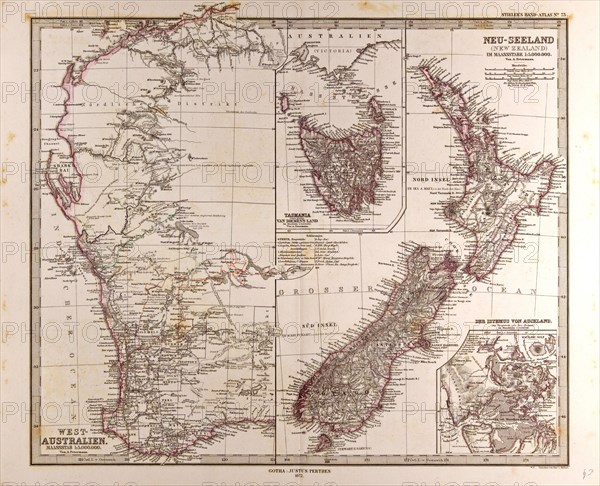 New Zealand Australia  Gotha, Justus Perthes, 1872, Atlas. Perthes, Johan Georg Justus 1749 Ã¢â‚¬â€ú 1816, German publisher, was born in Rudolstadt in 1749. In 1785 he founded at Gotha the business which bears his name, Justus Perthes. In this he was joined in 1814 by his son Wilhelm, 1793 Ã¢â‚¬â€ú 1853. He laid the foundation of the Geographical Branch of the business, for which it is chiefly famous, by publishing the and-Atlas (1817-1823) of Adolf Stieler (1775-1836). Wilhelm Perthes engaged the collaboration of the most eminent German geographers of the time, including Heinrich  Berghaus, Christian Gottlieb Reichard, Karl Spruler and Emil von Sydow. The business passed to his son Bernard Wilhelm Perthes (1821-1857). In 1863 the firm first issued the Almanach de Gotha, a statistical, Historical and genealogical Annual (in French) of the various countries of the world.