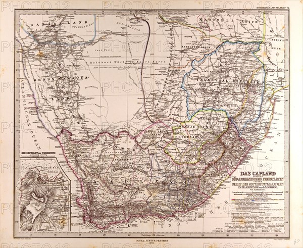 South Africa 1872 Map Gotha, Justus Perthes, 1872, Atlas. Perthes, Johan Georg Justus 1749 Ã¢â‚¬â€ú 1816, German publisher, was born in Rudolstadt in 1749. In 1785 he founded at Gotha the business which bears his name, Justus Perthes. In this he was joined in 1814 by his son Wilhelm, 1793 Ã¢â‚¬â€ú 1853. He laid the foundation of the Geographical Branch of the business, for which it is chiefly famous, by publishing the and-Atlas (1817-1823) of Adolf Stieler (1775-1836). Wilhelm Perthes engaged the collaboration of the most eminent German geographers of the time, including Heinrich  Berghaus, Christian Gottlieb Reichard, Karl Spruler and Emil von Sydow. The business passed to his son Bernard Wilhelm Perthes (1821-1857). In 1863 the firm first issued the Almanach de Gotha, a statistical, Historical and genealogical Annual (in French) of the various countries of the world.