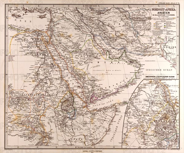 Arabia North East Africa Map Gotha, Justus Perthes, 1875, Atlas. Perthes, Johan Georg Justus 1749 Ã¢â‚¬â€ú 1816, German publisher, was born in Rudolstadt in 1749. In 1785 he founded at Gotha the business which bears his name, Justus Perthes. In this he was joined in 1814 by his son Wilhelm, 1793 Ã¢â‚¬â€ú 1853. He laid the foundation of the Geographical Branch of the business, for which it is chiefly famous, by publishing the and-Atlas (1817-1823) of Adolf Stieler (1775-1836). Wilhelm Perthes engaged the collaboration of the most eminent German geographers of the time, including Heinrich  Berghaus, Christian Gottlieb Reichard, Karl Spruler and Emil von Sydow. The business passed to his son Bernard Wilhelm Perthes (1821-1857). In 1863 the firm first issued the Almanach de Gotha, a statistical, Historical and genealogical Annual (in French) of the various countries of the world.