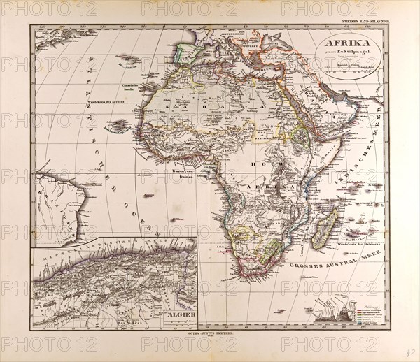 Africa Map 1874 Gotha, Justus Perthes, Atlas. Perthes, Johan Georg Justus 1749 Ã¢â‚¬â€ú 1816, German publisher, was born in Rudolstadt in 1749. In 1785 he founded at Gotha the business which bears his name, Justus Perthes. In this he was joined in 1814 by his son Wilhelm, 1793 Ã¢â‚¬â€ú 1853. He laid the foundation of the Geographical Branch of the business, for which it is chiefly famous, by publishing the and-Atlas (1817-1823) of Adolf Stieler (1775-1836). Wilhelm Perthes engaged the collaboration of the most eminent German geographers of the time, including Heinrich  Berghaus, Christian Gottlieb Reichard, Karl Spruler and Emil von Sydow. The business passed to his son Bernard Wilhelm Perthes (1821-1857). In 1863 the firm first issued the Almanach de Gotha, a statistical, Historical and genealogical Annual (in French) of the various countries of the world.