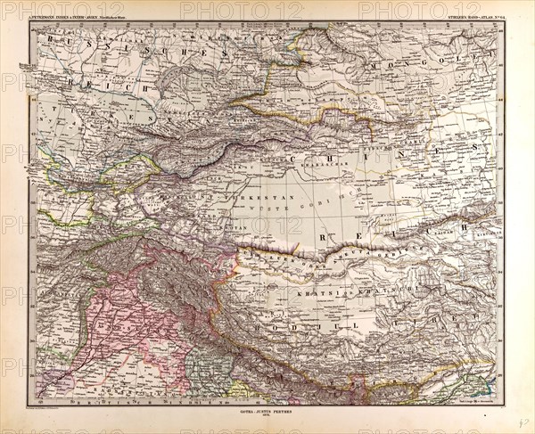 India Mongolia China Gotha, Justus Perthes, 1876, Atlas. Perthes, Johan Georg Justus 1749 Ã¢â‚¬â€ú 1816, German publisher, was born in Rudolstadt in 1749. In 1785 he founded at Gotha the business which bears his name, Justus Perthes. In this he was joined in 1814 by his son Wilhelm, 1793 Ã¢â‚¬â€ú 1853. He laid the foundation of the Geographical Branch of the business, for which it is chiefly famous, by publishing the and-Atlas (1817-1823) of Adolf Stieler (1775-1836). Wilhelm Perthes engaged the collaboration of the most eminent German geographers of the time, including Heinrich  Berghaus, Christian Gottlieb Reichard, Karl Spruler and Emil von Sydow. The business passed to his son Bernard Wilhelm Perthes (1821-1857). In 1863 the firm first issued the Almanach de Gotha, a statistical, Historical and genealogical Annual (in French) of the various countries of the world.